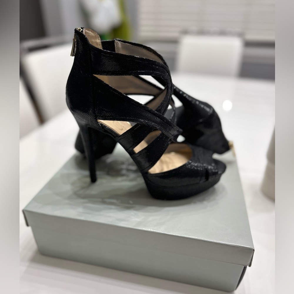 Black animal print heels by Jessica Simpson.